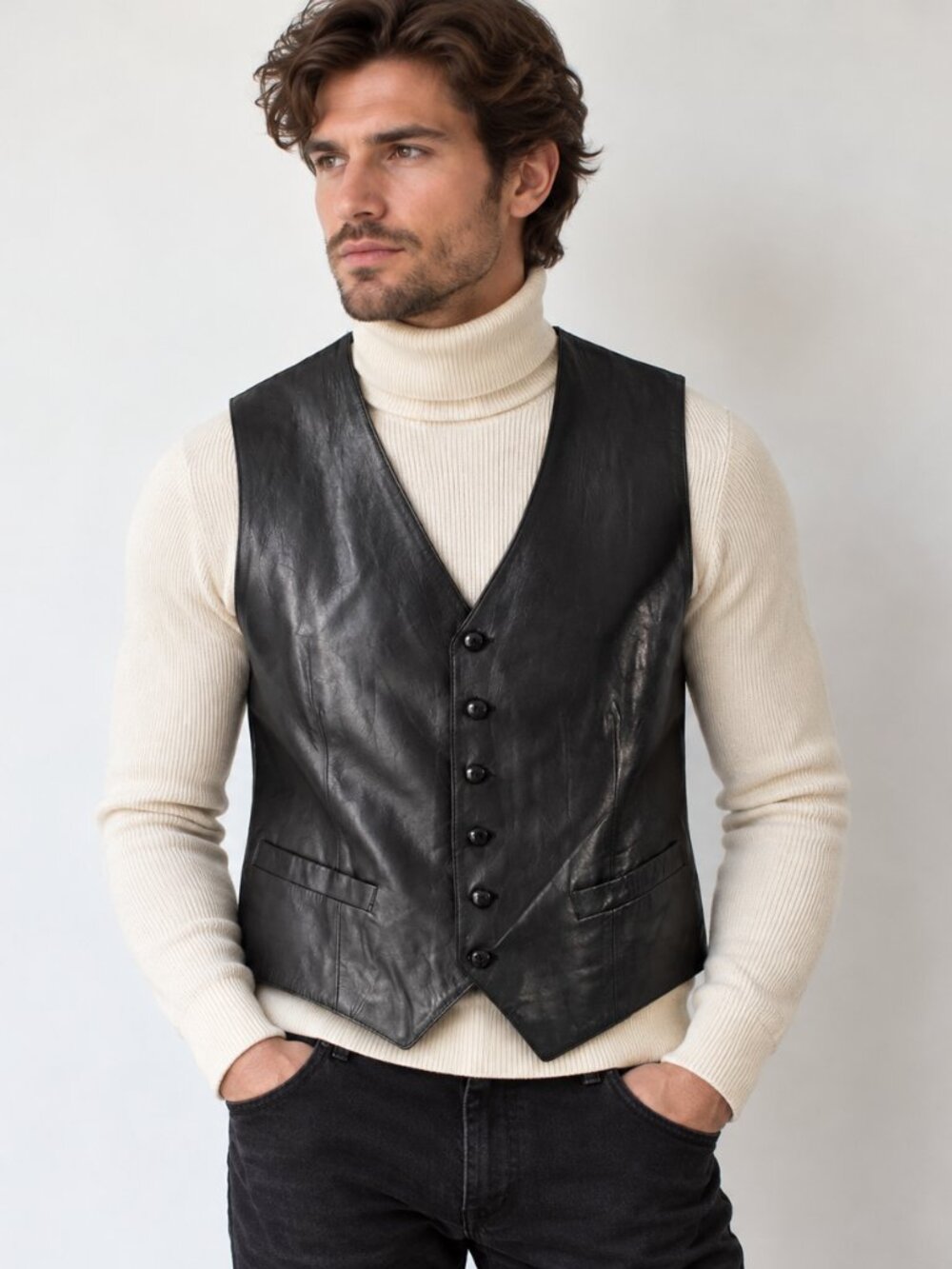 Bo'Ami Men's Black Genuine Leather Vest Vintage Button Front Waistcoat M